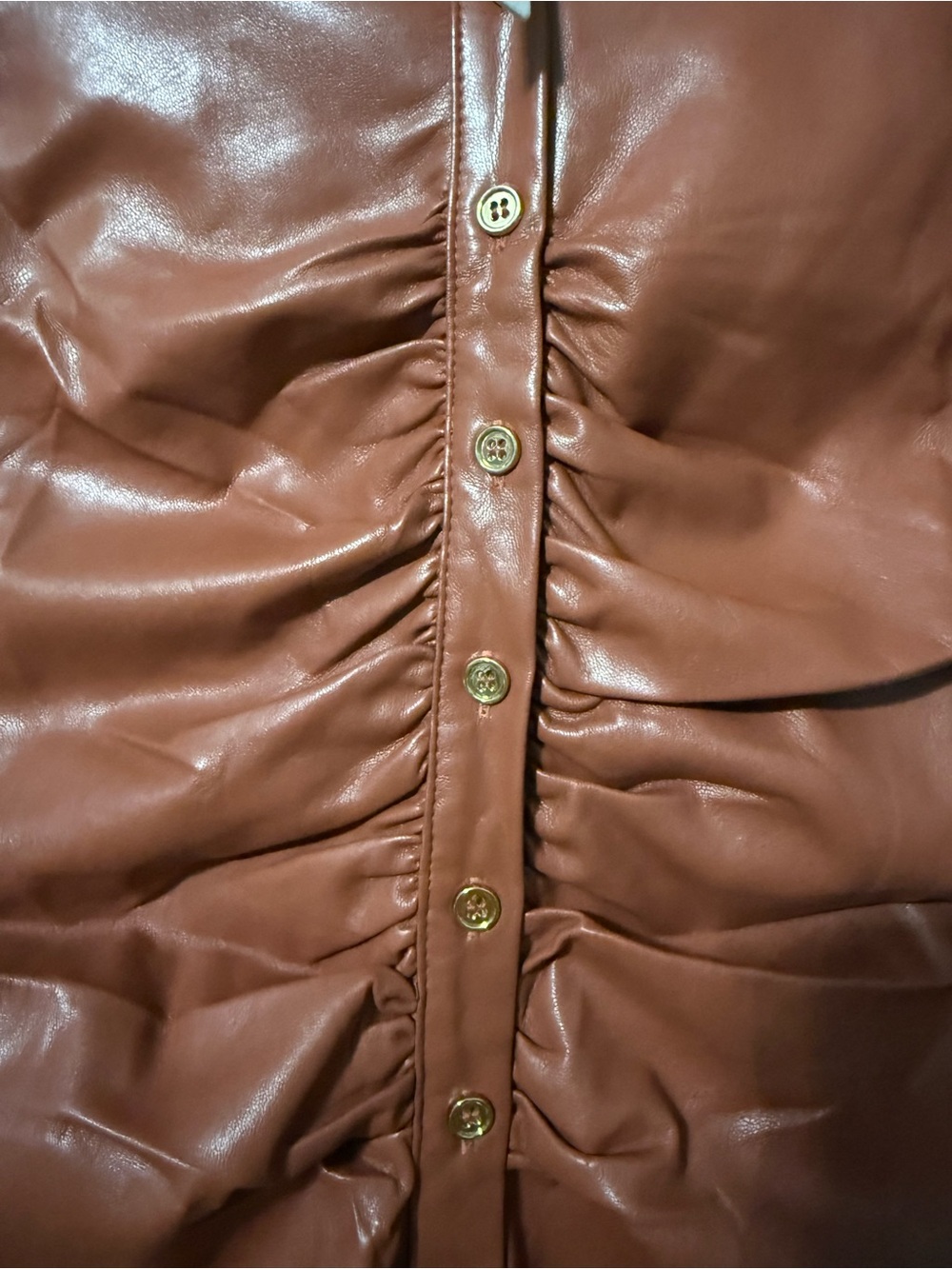 Olivaceous NWT Button- Front Ruched Faux Leather Shirt Dress - M - Picture 5 of 7